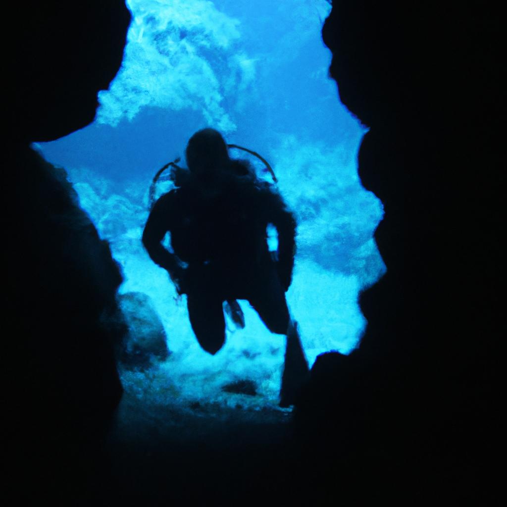 Person exploring underwater cave