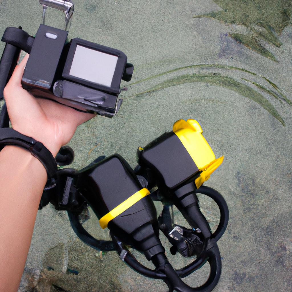 Person holding underwater camera equipment