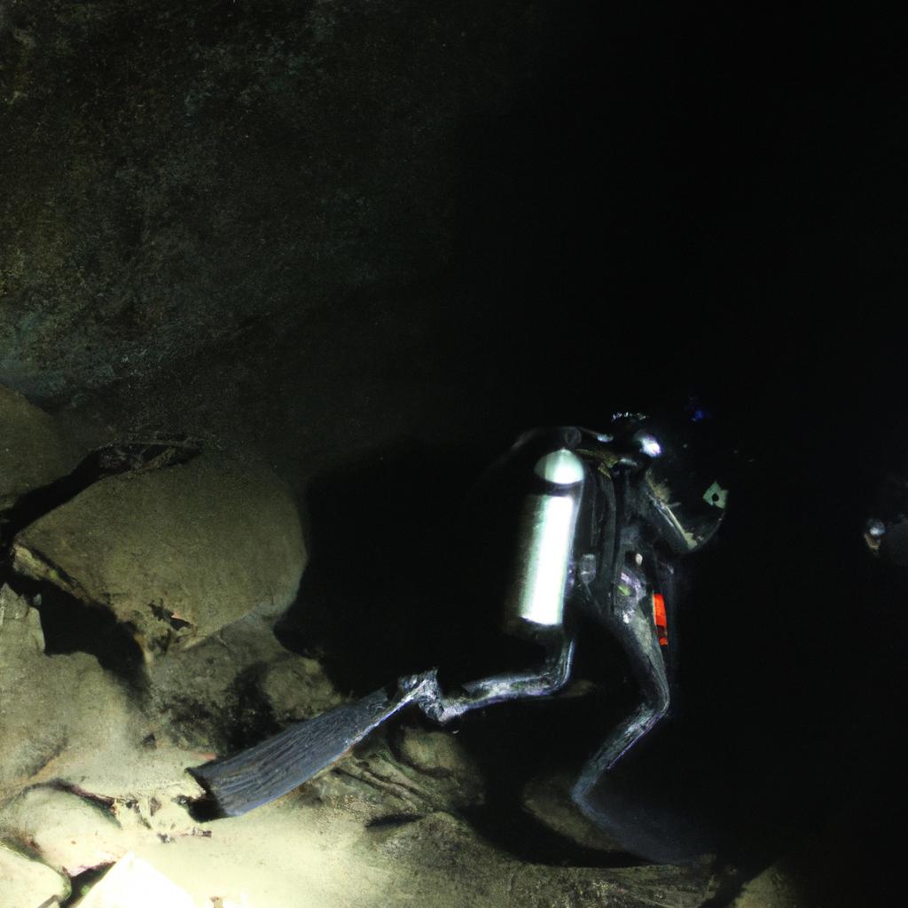 Person cave diving with equipment